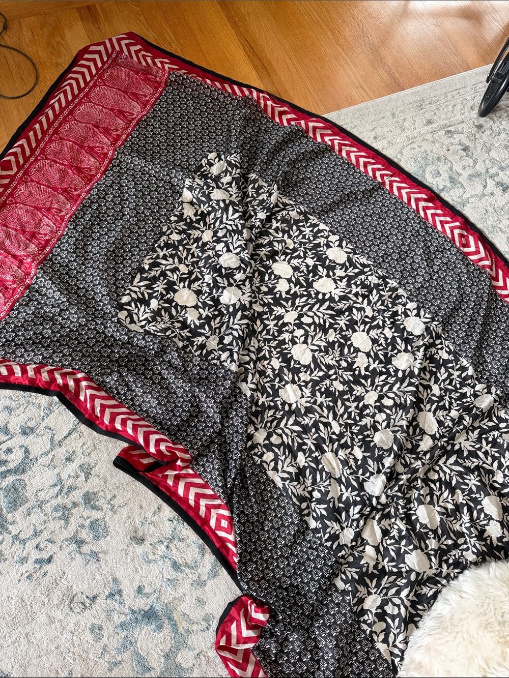 Black & White Floral Scarf with Red Trim - Stylish Women's Wrap